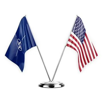 Two table flags isolated on white background 3d illustration, nato and usa Stock Illustration