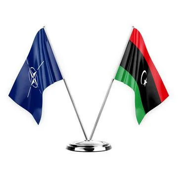 Two table flags isolated on white background 3d illustration, nato and libya Stock Illustration
