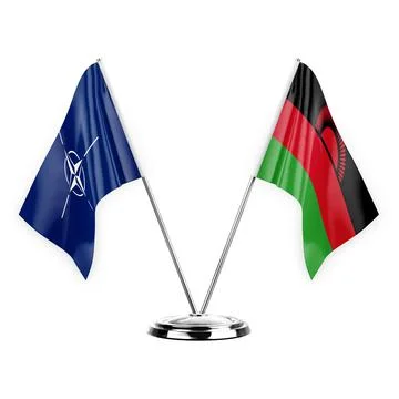 Two table flags isolated on white background 3d illustration, nato and malawi Stock Illustration