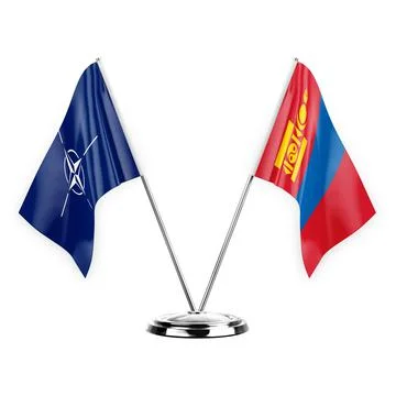 Two table flags isolated on white background 3d illustration, nato and mongol Stock Illustration