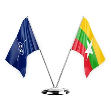 Two table flags isolated on white background 3d illustration, nato and myanma Stock Illustration