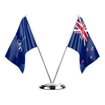 Two table flags isolated on white background 3d illustration, nato and new ze Stock Illustration