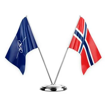 Two table flags isolated on white background 3d illustration, nato and norway Stock Illustration