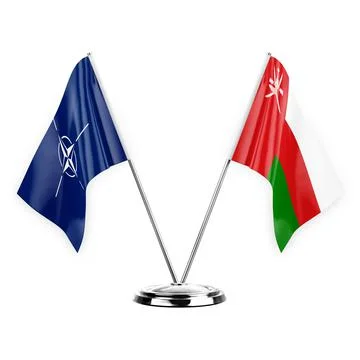 Two table flags isolated on white background 3d illustration, nato and oman Stock Illustration