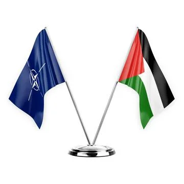 Two table flags isolated on white background 3d illustration, nato and palest Stock Illustration