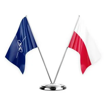 Two table flags isolated on white background 3d illustration, nato and poland Stock Illustration