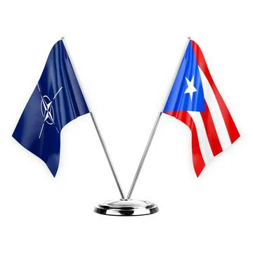 Two table flags isolated on white background 3d illustration, nato and puerto Stock Illustration