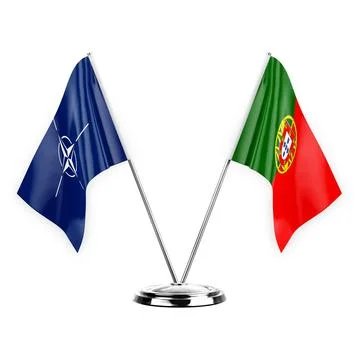 Two table flags isolated on white background 3d illustration, nato and portug Stock Illustration
