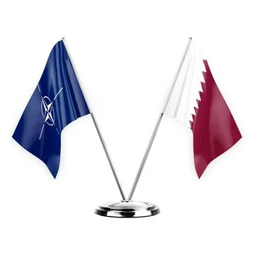 Two table flags isolated on white background 3d illustration, nato and qatar Stock Illustration
