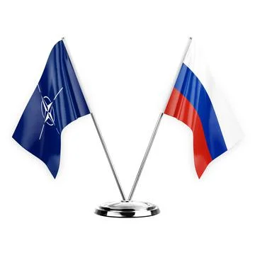 Two table flags isolated on white background 3d illustration, nato and russia Stock Illustration