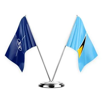 Two table flags isolated on white background 3d illustration, nato and saint  Stock Illustration