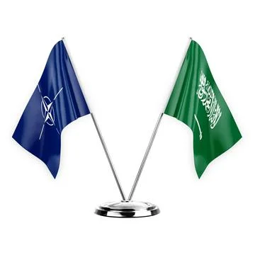Two table flags isolated on white background 3d illustration, nato and saudi  Stock Illustration