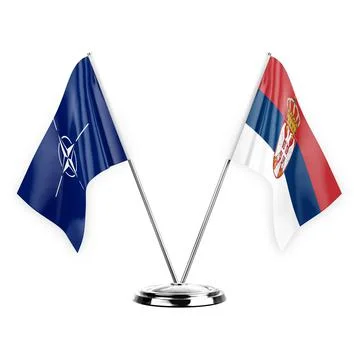 Two table flags isolated on white background 3d illustration, nato and serbia Stock Illustration