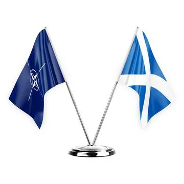 Two table flags isolated on white background 3d illustration, nato and scotla Stock Illustration