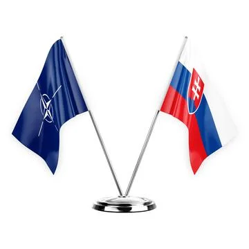 Two table flags isolated on white background 3d illustration, nato and slovak Stock Illustration