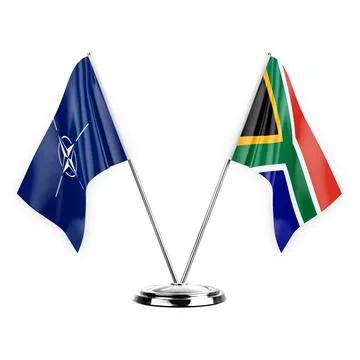 Two table flags isolated on white background 3d illustration, nato and south  Stock Illustration