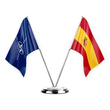 Two table flags isolated on white background 3d illustration, nato and spain Stock Illustration