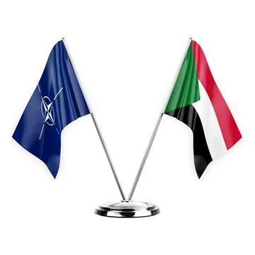 Two table flags isolated on white background 3d illustration, nato and sudan Stock Illustration