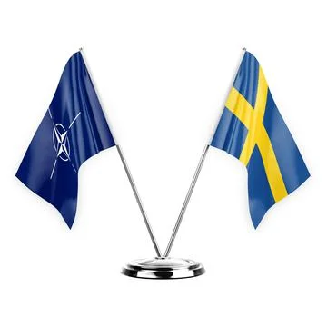 Two table flags isolated on white background 3d illustration, nato and sweden Stock Illustration