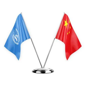 Two table flags isolated on white background 3d illustration, united nations  Stock Illustration