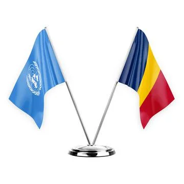 Two table flags isolated on white background 3d illustration, united nations  Stock Illustration