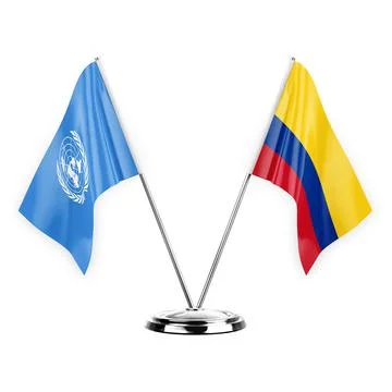 Two table flags isolated on white background 3d illustration, united nations  Stock Illustration