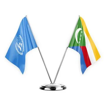 Two table flags isolated on white background 3d illustration, united nations  Stock Illustration