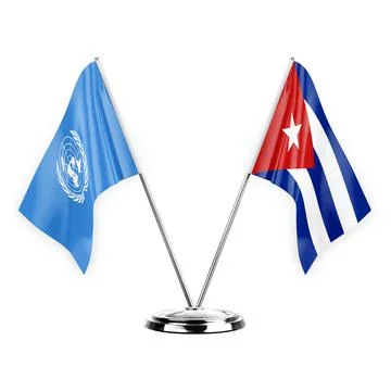 Two table flags isolated on white background 3d illustration, united nations  Stock Illustration