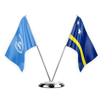 Two table flags isolated on white background 3d illustration, united nations  Stock Illustration
