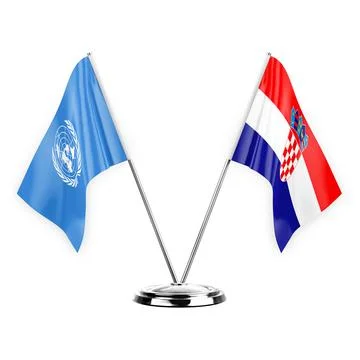 Two table flags isolated on white background 3d illustration, united nations  Stock Illustration
