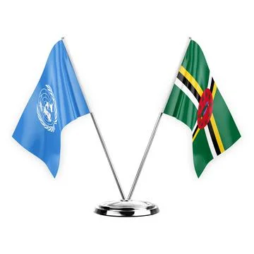 Two table flags isolated on white background 3d illustration, united nations  Stock Illustration