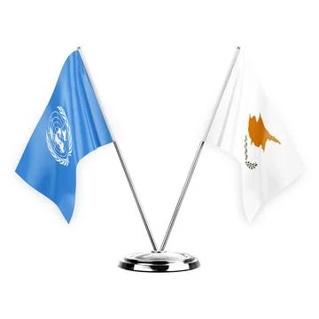 Two table flags isolated on white background 3d illustration, united nations  Stock Illustration