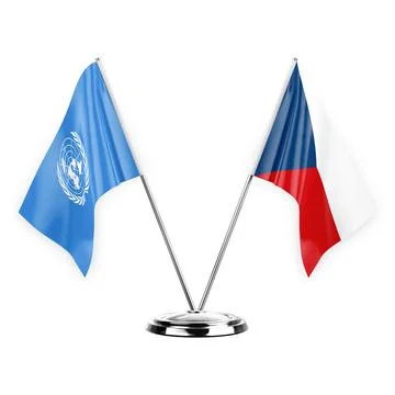 Two table flags isolated on white background 3d illustration, united nations  Stock Illustration