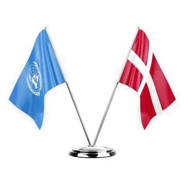Two table flags isolated on white background 3d illustration, united nations  Stock Illustration