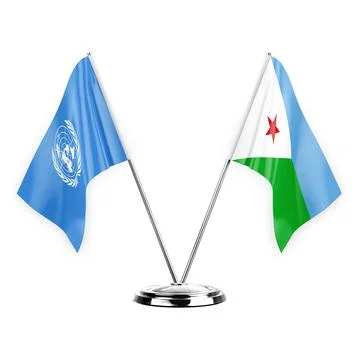 Two table flags isolated on white background 3d illustration, united nations  Stock Illustration