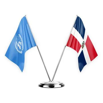 Two table flags isolated on white background 3d illustration, united nations  Stock Illustration