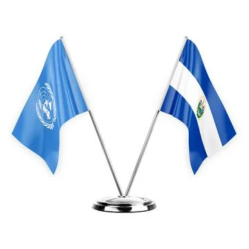 Two table flags isolated on white background 3d illustration, united nations  Stock Illustration