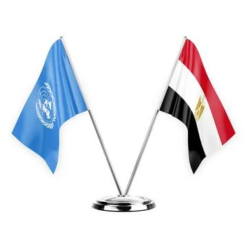 Two table flags isolated on white background 3d illustration, united nations  Stock Illustration