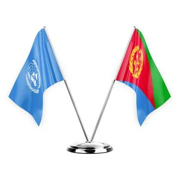 Two table flags isolated on white background 3d illustration, united nations  Stock Illustration