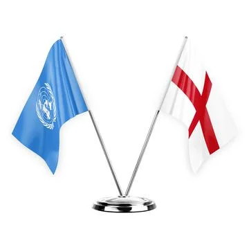 Two table flags isolated on white background 3d illustration, united nations  Stock Illustration