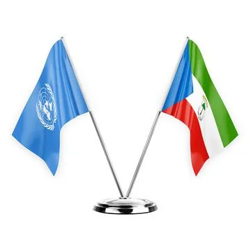 Two table flags isolated on white background 3d illustration, united nations  Stock Illustration