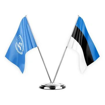 Two table flags isolated on white background 3d illustration, united nations  Stock Illustration