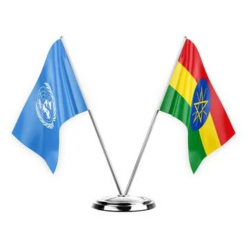 Two table flags isolated on white background 3d illustration, united nations  Stock Illustration