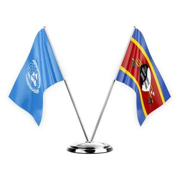 Two table flags isolated on white background 3d illustration, united nations  Stock Illustration