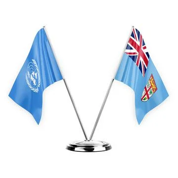 Two table flags isolated on white background 3d illustration, united nations  Stock Illustration
