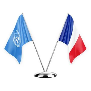 Two table flags isolated on white background 3d illustration, united nations  Stock Illustration