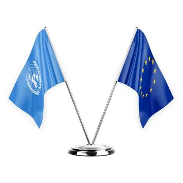 Two table flags isolated on white background 3d illustration, united nations  Stock Illustration