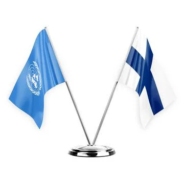 Two table flags isolated on white background 3d illustration, united nations  Stock Illustration