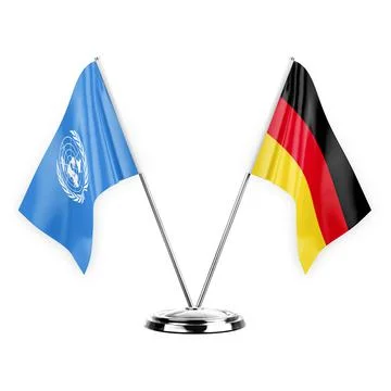 Two table flags isolated on white background 3d illustration, united nations  Stock Illustration