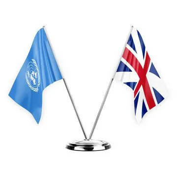 Two table flags isolated on white background 3d illustration, united nations  Stock Illustration